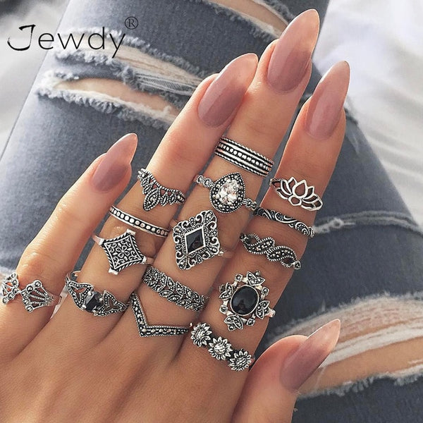 50 Styles Boho Punk Hollow Triangle Water Drop Arrow Sun Gem Crystal Silver Rings Set For Women Personality Girl Jewelry