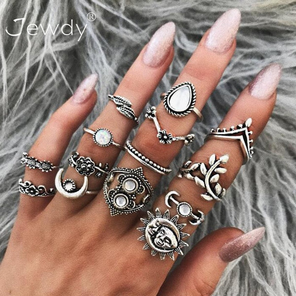 50 Styles Boho Punk Hollow Triangle Water Drop Arrow Sun Gem Crystal Silver Rings Set For Women Personality Girl Jewelry