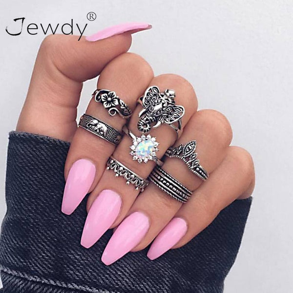 50 Styles Boho Punk Hollow Triangle Water Drop Arrow Sun Gem Crystal Silver Rings Set For Women Personality Girl Jewelry