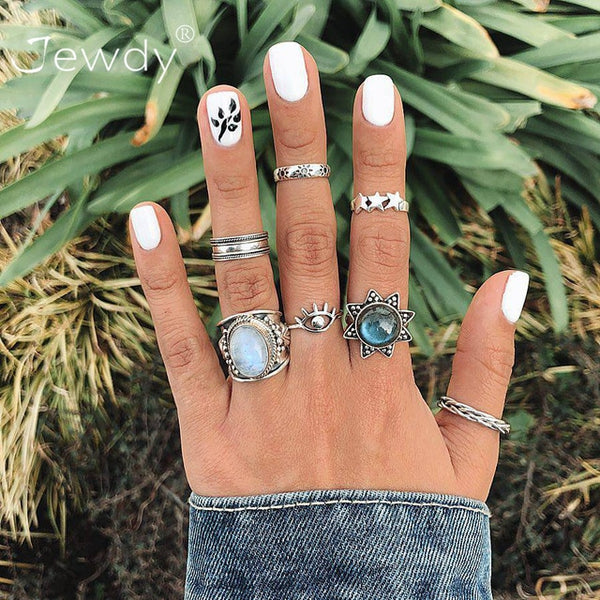 50 Styles Boho Punk Hollow Triangle Water Drop Arrow Sun Gem Crystal Silver Rings Set For Women Personality Girl Jewelry