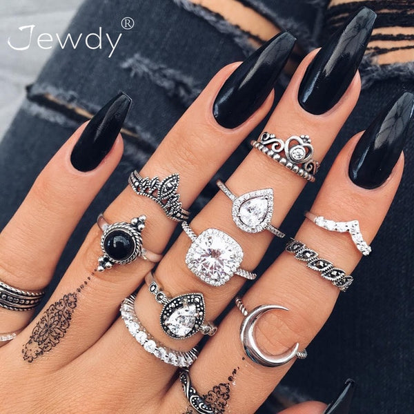 50 Styles Boho Punk Hollow Triangle Water Drop Arrow Sun Gem Crystal Silver Rings Set For Women Personality Girl Jewelry