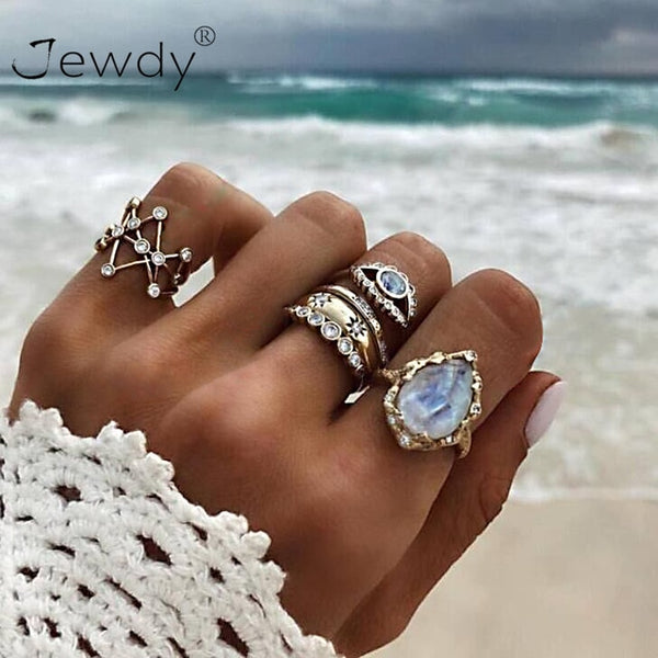 50 Styles Boho Punk Hollow Triangle Water Drop Arrow Sun Gem Crystal Silver Rings Set For Women Personality Girl Jewelry