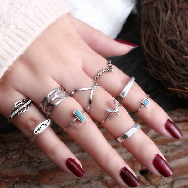 50 Styles Boho Punk Hollow Triangle Water Drop Arrow Sun Gem Crystal Silver Rings Set For Women Personality Girl Jewelry