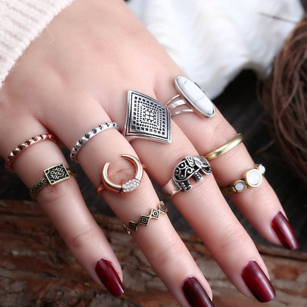 50 Styles Boho Punk Hollow Triangle Water Drop Arrow Sun Gem Crystal Silver Rings Set For Women Personality Girl Jewelry