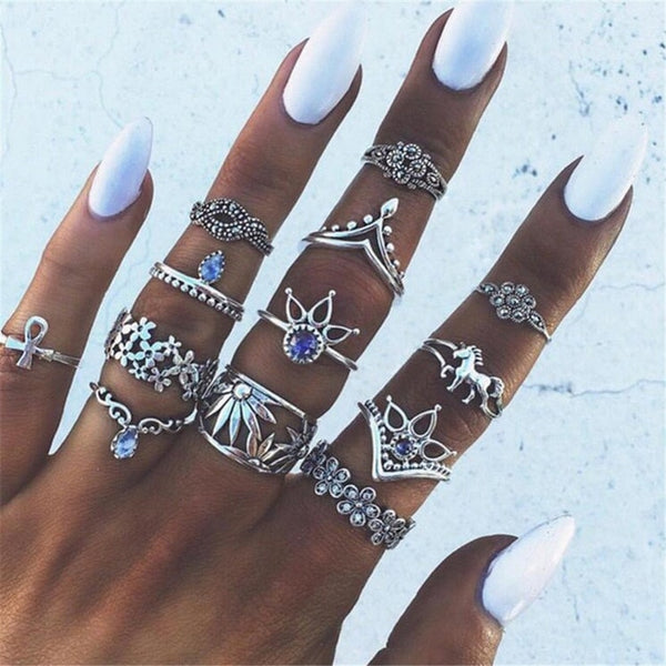 50 Styles Boho Punk Hollow Triangle Water Drop Arrow Sun Gem Crystal Silver Rings Set For Women Personality Girl Jewelry