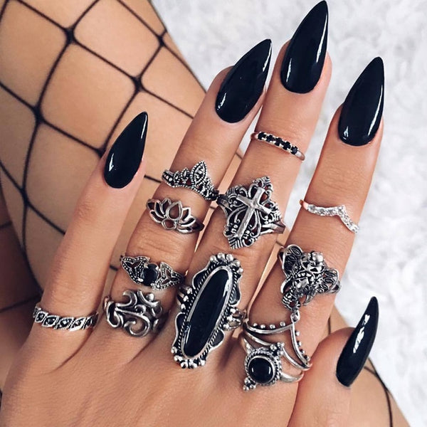 50 Styles Boho Punk Hollow Triangle Water Drop Arrow Sun Gem Crystal Silver Rings Set For Women Personality Girl Jewelry