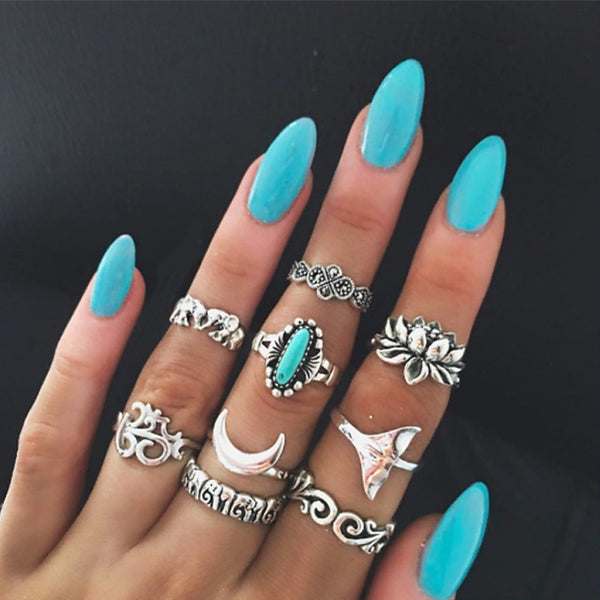 50 Styles Boho Punk Hollow Triangle Water Drop Arrow Sun Gem Crystal Silver Rings Set For Women Personality Girl Jewelry