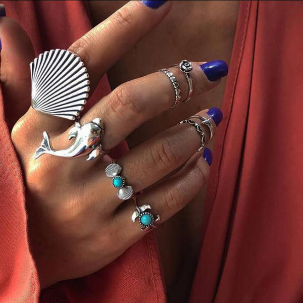 50 Styles Boho Punk Hollow Triangle Water Drop Arrow Sun Gem Crystal Silver Rings Set For Women Personality Girl Jewelry