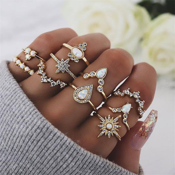 50 Styles Boho Punk Hollow Triangle Water Drop Arrow Sun Gem Crystal Silver Rings Set For Women Personality Girl Jewelry