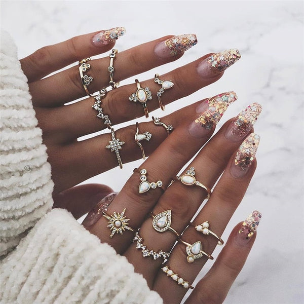 50 Styles Boho Punk Hollow Triangle Water Drop Arrow Sun Gem Crystal Silver Rings Set For Women Personality Girl Jewelry