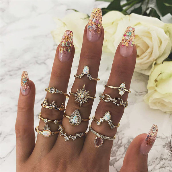 50 Styles Boho Punk Hollow Triangle Water Drop Arrow Sun Gem Crystal Silver Rings Set For Women Personality Girl Jewelry