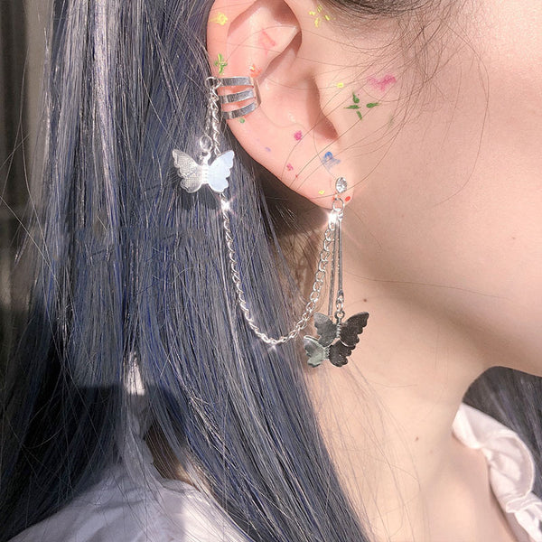 HZ New Butterfly Fairy Exaggeration 2019 Tassel Elegant Cool Unique Ear Bone Clip Silver Dangle Earrings For Women Jewelry Gifts