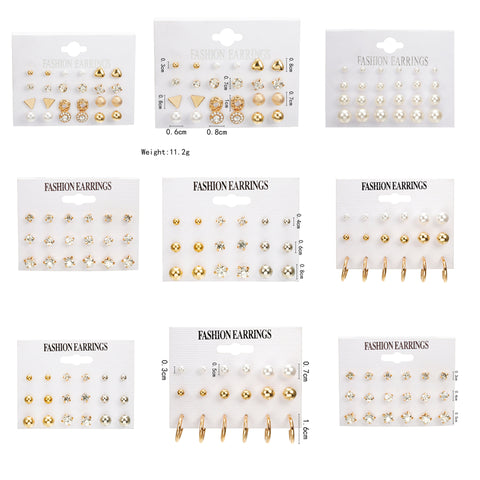 12 Pair/Set Crystal Stud Earrings Triangle Knot 2019 New Rhinestone imitation Pearl Earrings for Girls Tiny Ear Studs Pendientes