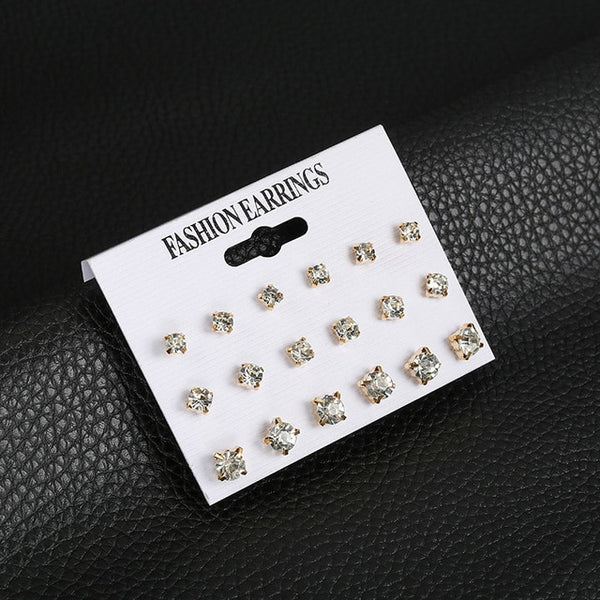 12 Pair/Set Crystal Stud Earrings Triangle Knot 2019 New Rhinestone imitation Pearl Earrings for Girls Tiny Ear Studs Pendientes