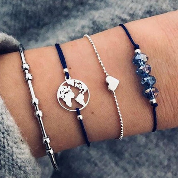 30 Style Female Boho Map Heart Beads Moon Arrow Turtle Kitten Elephant Pendant Tassel Chain Leather Bracelet Set  Combination