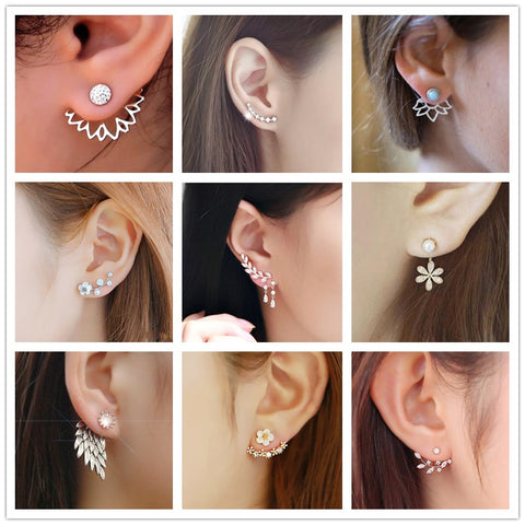 E774 Korean Jewelry Zircon Heart Crystal Flower Stud Earrings For Women Fashion Double Sides Gold Silver Color Statement Jewelry