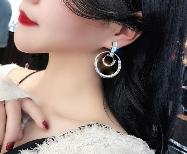 New design fashion hanging earrings geometric round shiny rhinestone earrings women's jewelry wholesale