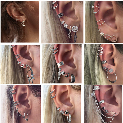 Vintage Heart Stars Moon Piercing Stud Earrings Set for Women Mix Design Crystal Small Ear Studs Cuff Earrings Set Summer Beach