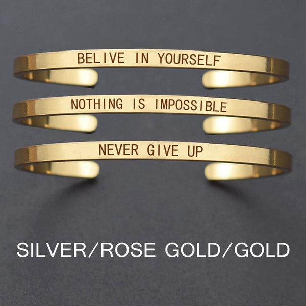 Churchill Quote "Never Give Up"Motivational Stainless Steel Engraved Bracelets Life Quote Jewelry Graduation Bangle Gifts