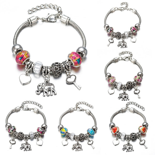 DIY Charm  Bracelet Romantic Love Key and Elephant and Life Tree Lock Crystal Bead Bracelet Women Jewelry Love Gift FF01