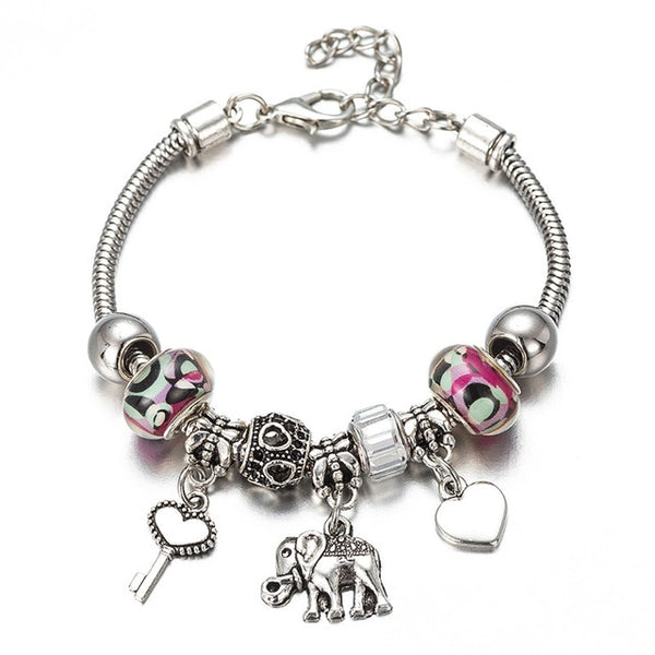 DIY Charm  Bracelet Romantic Love Key and Elephant and Life Tree Lock Crystal Bead Bracelet Women Jewelry Love Gift FF01