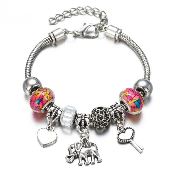 DIY Charm  Bracelet Romantic Love Key and Elephant and Life Tree Lock Crystal Bead Bracelet Women Jewelry Love Gift FF01