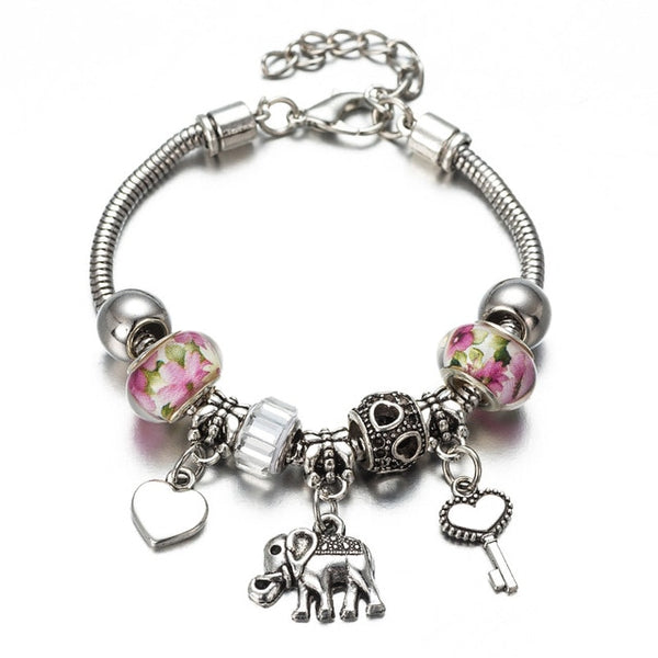 DIY Charm  Bracelet Romantic Love Key and Elephant and Life Tree Lock Crystal Bead Bracelet Women Jewelry Love Gift FF01