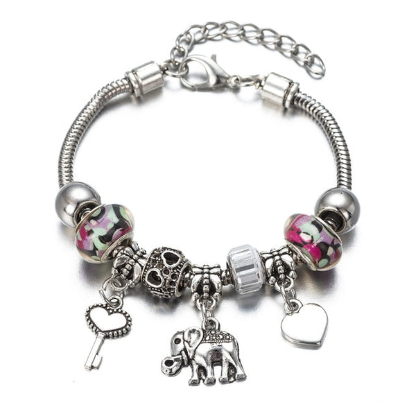 DIY Charm  Bracelet Romantic Love Key and Elephant and Life Tree Lock Crystal Bead Bracelet Women Jewelry Love Gift FF01