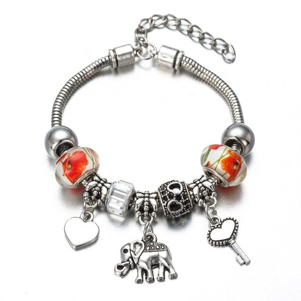 DIY Charm  Bracelet Romantic Love Key and Elephant and Life Tree Lock Crystal Bead Bracelet Women Jewelry Love Gift FF01