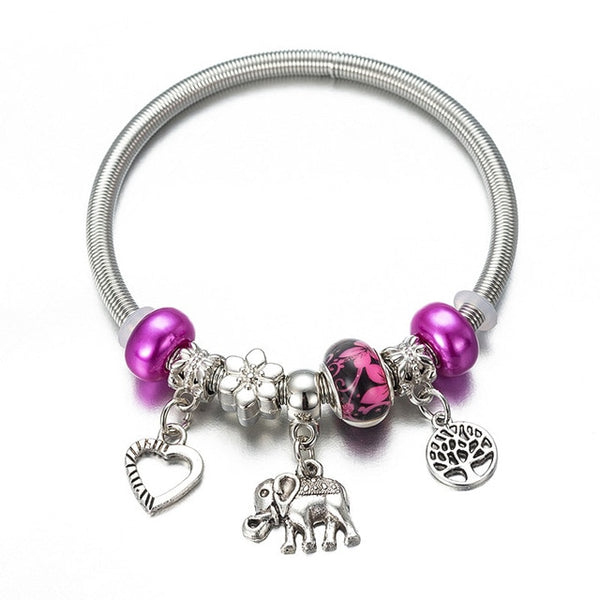 DIY Charm  Bracelet Romantic Love Key and Elephant and Life Tree Lock Crystal Bead Bracelet Women Jewelry Love Gift FF01