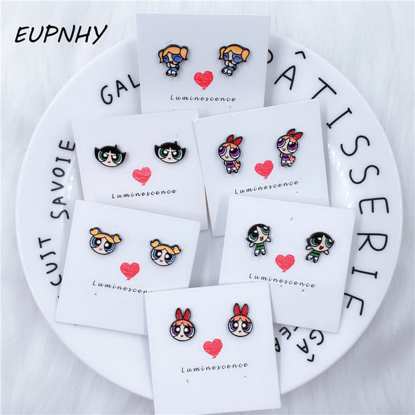 EUPNHY Cartoon Prevent Allergy Stud Earring 2Pc The Powerpuff Girls Earring Piercing Jewelry Birthday Gifts Accessories