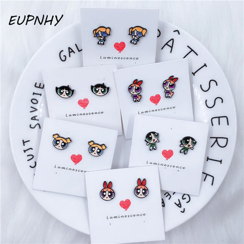 EUPNHY Cartoon Prevent Allergy Stud Earring 2Pc The Powerpuff Girls Earring Piercing Jewelry Birthday Gifts Accessories