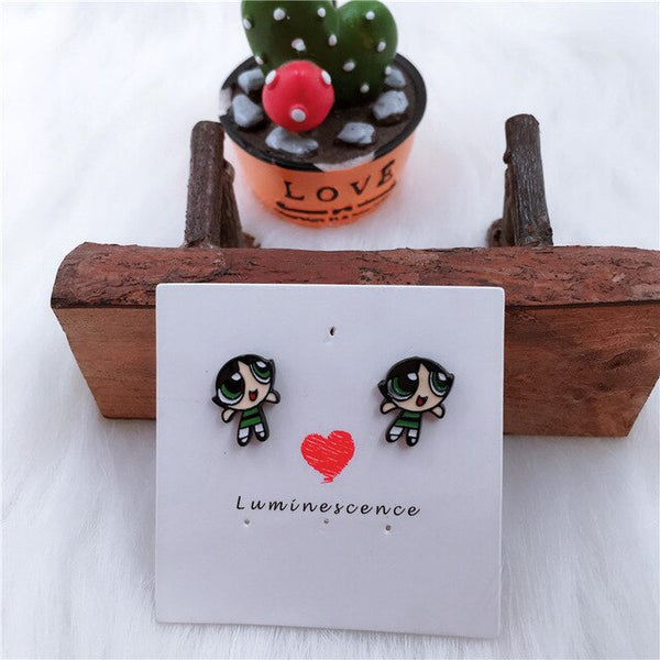 EUPNHY Cartoon Prevent Allergy Stud Earring 2Pc The Powerpuff Girls Earring Piercing Jewelry Birthday Gifts Accessories