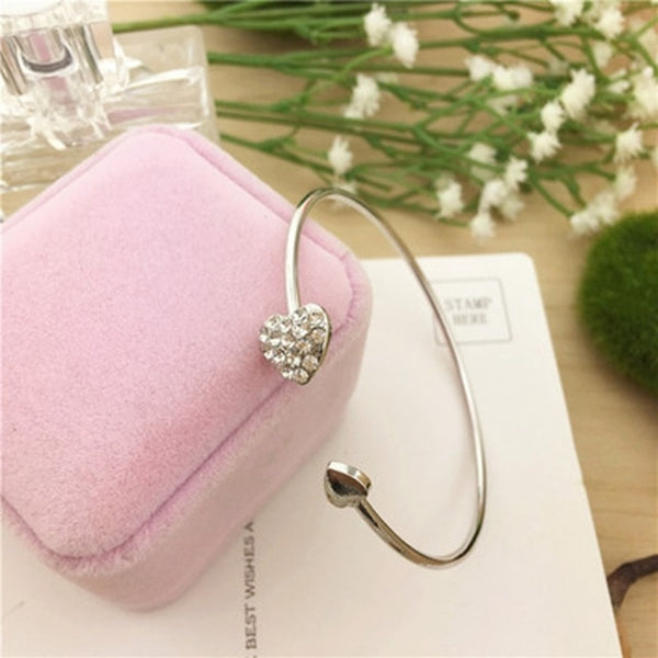 Hot Fashion Adjustable Crystal Double Heart Bow Bilezik Cuff Opening Shining  Bracelet For Women Jewelry Gift Mujer Pulseras 7g