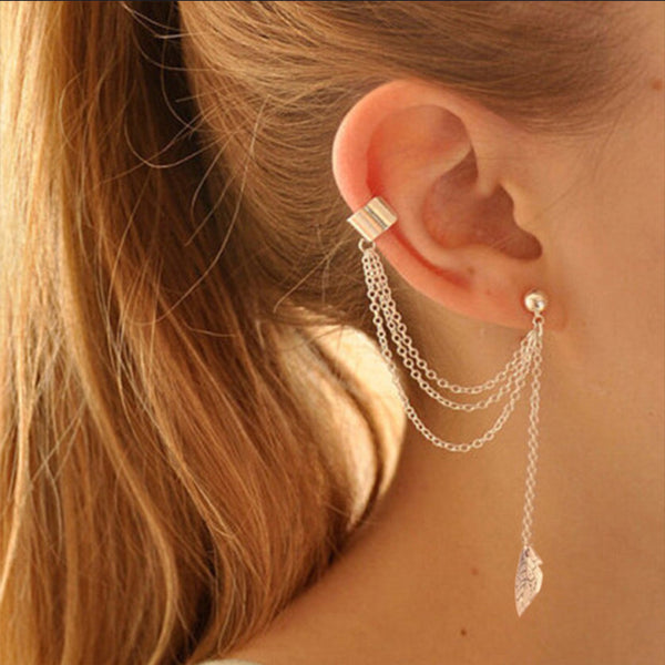 Female ear vintage metal leaf tassel earrings jewelry gold silver ear clip