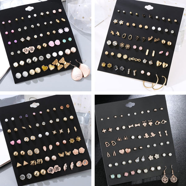 30Pairs/set Classic Mix Round Ball Bow Elephant Heart Flower Owl Love Pearl Bead Stud Earrings Sets For Women Girl Gifts Jewelry