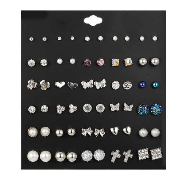 30Pairs/set Classic Mix Round Ball Bow Elephant Heart Flower Owl Love Pearl Bead Stud Earrings Sets For Women Girl Gifts Jewelry