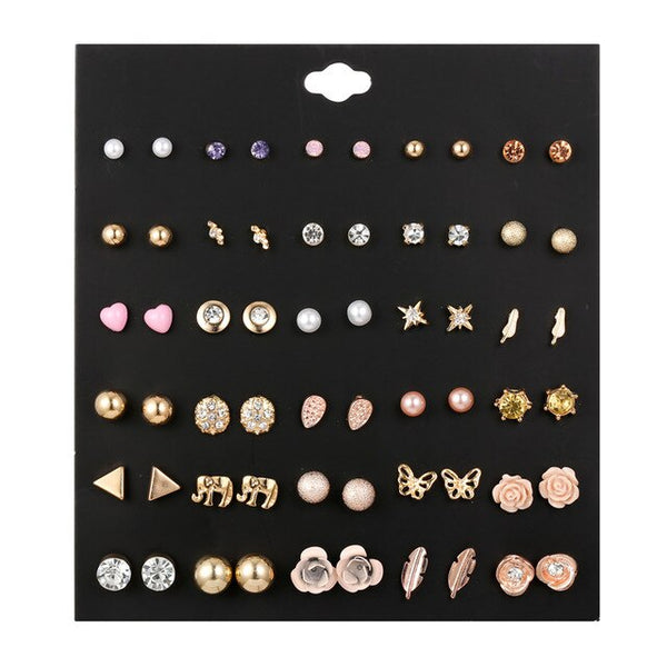 30Pairs/set Classic Mix Round Ball Bow Elephant Heart Flower Owl Love Pearl Bead Stud Earrings Sets For Women Girl Gifts Jewelry