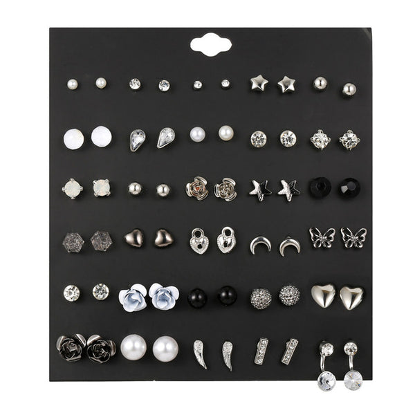 30Pairs/set Classic Mix Round Ball Bow Elephant Heart Flower Owl Love Pearl Bead Stud Earrings Sets For Women Girl Gifts Jewelry