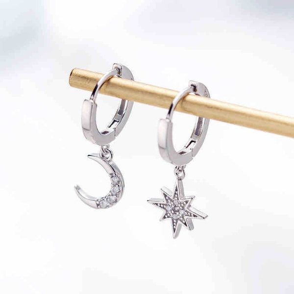 925 Sterling Silver Fashion Charm Earrings Asymmetric Stars Moon Earrings Women Earrings Wedding Banquet Gift For Girlfriend