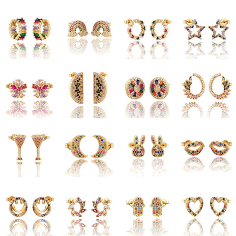 INS Rainbow zircon Stud Earrings jewelry for Women gold cz Earrings star love smile circle flower Earrings best gift