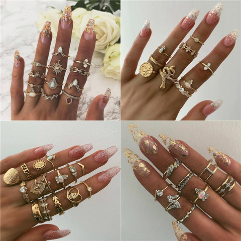 15 Pcs/set Women Fashion Rings Hearts Fatima Hands Virgin Mary Cross Leaf Hollow Geometric Crystal Ring Set Wedding Jewelry