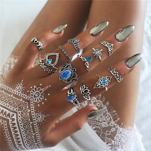 15 Pcs/set Women Fashion Rings Hearts Fatima Hands Virgin Mary Cross Leaf Hollow Geometric Crystal Ring Set Wedding Jewelry