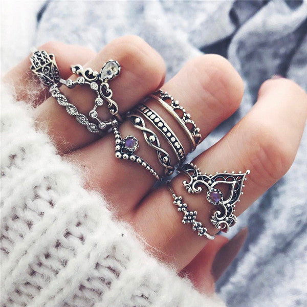 15 Pcs/set Women Fashion Rings Hearts Fatima Hands Virgin Mary Cross Leaf Hollow Geometric Crystal Ring Set Wedding Jewelry