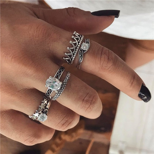 15 Pcs/set Women Fashion Rings Hearts Fatima Hands Virgin Mary Cross Leaf Hollow Geometric Crystal Ring Set Wedding Jewelry