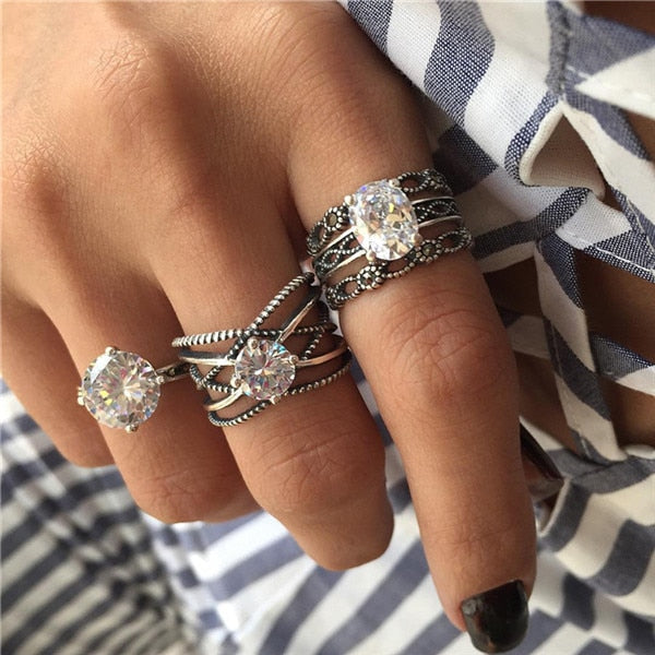 15 Pcs/set Women Fashion Rings Hearts Fatima Hands Virgin Mary Cross Leaf Hollow Geometric Crystal Ring Set Wedding Jewelry