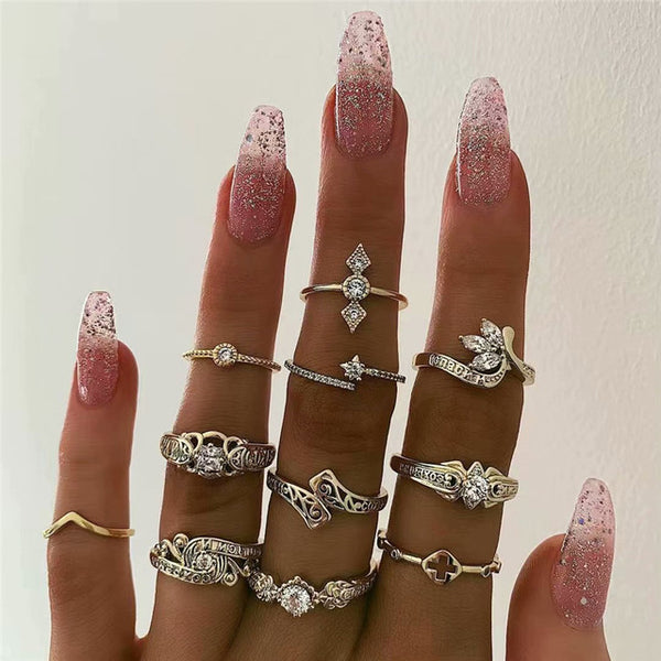 15 Pcs/set Women Fashion Rings Hearts Fatima Hands Virgin Mary Cross Leaf Hollow Geometric Crystal Ring Set Wedding Jewelry