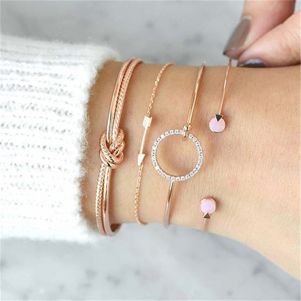 4 pcs/set Fashion Bohemia Leaf Round Knot cuff Bangle Gold Chain Charm Bracelet Bangle for Women Simple Geometric Bracelets