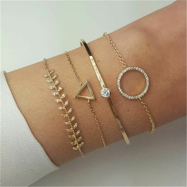 4 pcs/set Fashion Bohemia Leaf Round Knot cuff Bangle Gold Chain Charm Bracelet Bangle for Women Simple Geometric Bracelets