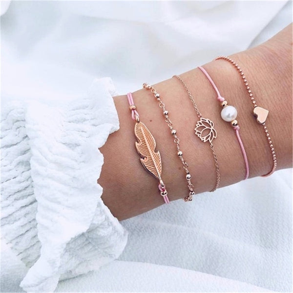 4 pcs/set Fashion Bohemia Leaf Round Knot cuff Bangle Gold Chain Charm Bracelet Bangle for Women Simple Geometric Bracelets